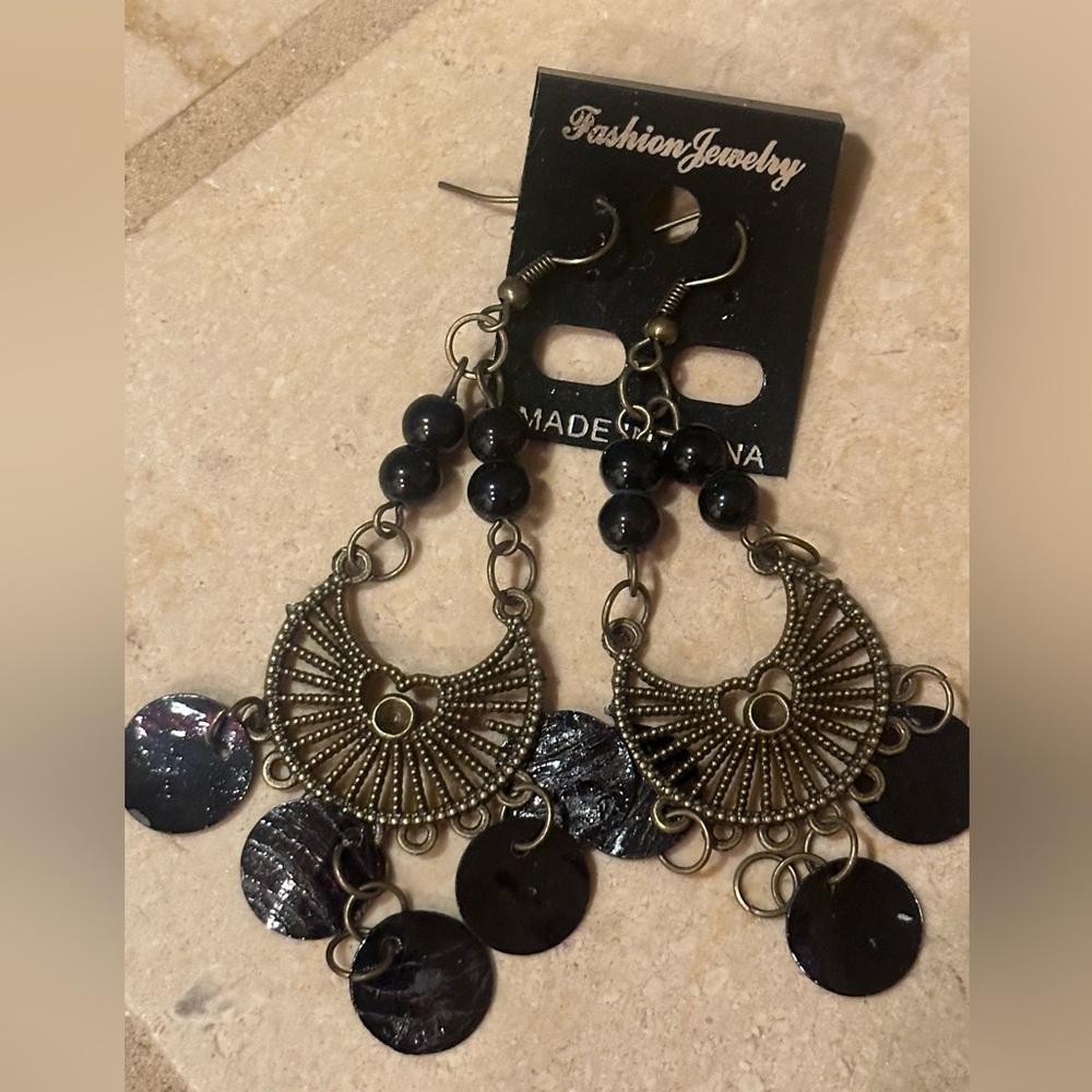 Black and silver dangle earrings